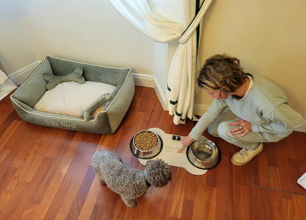 Pet sitter si prende cura di un cane nella hall di Villa Nardi